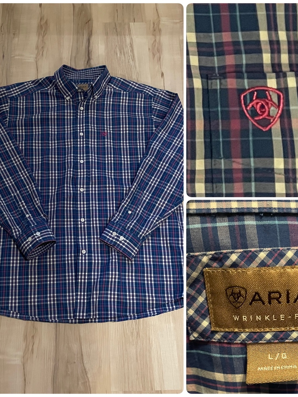 Ariat Wrinkle Free Long Sleeve Button Down Shirt Men’s Size L Blue Cotton Plaid